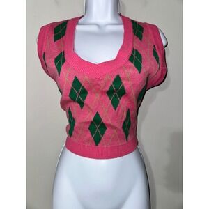 STORETS Argyle Knit‎ Vest Sweater Crop Pink Green Women's S M